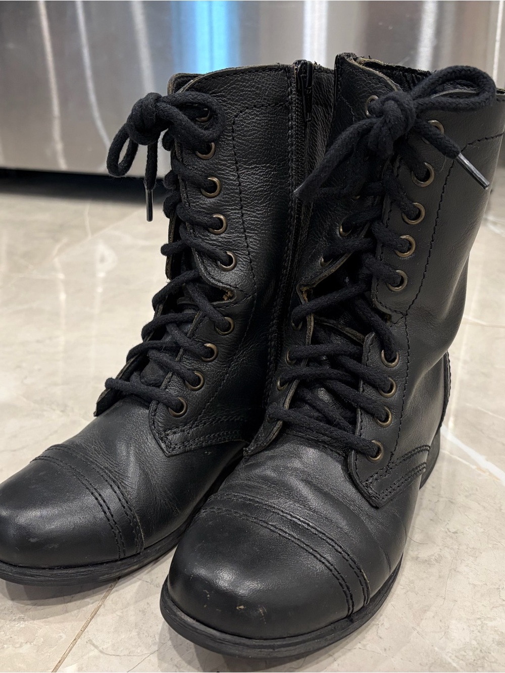 Steve Madden Troopa Black Genuine Leather Combat Boots Size 5